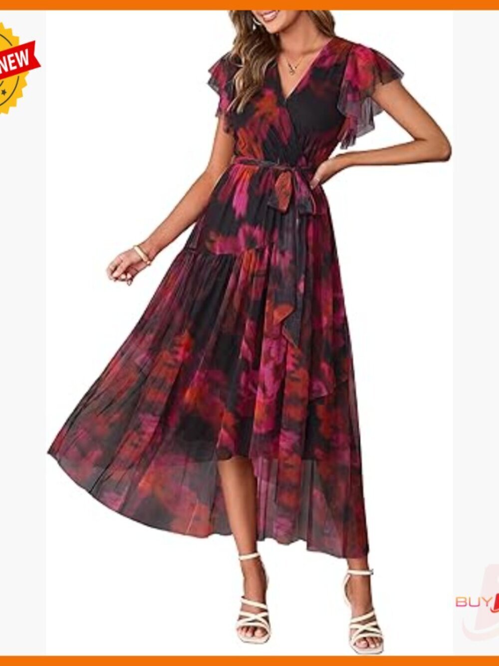 Summer Maxi Dress V-Neck Short Sleeve Belted Mesh Hem Split Flowy